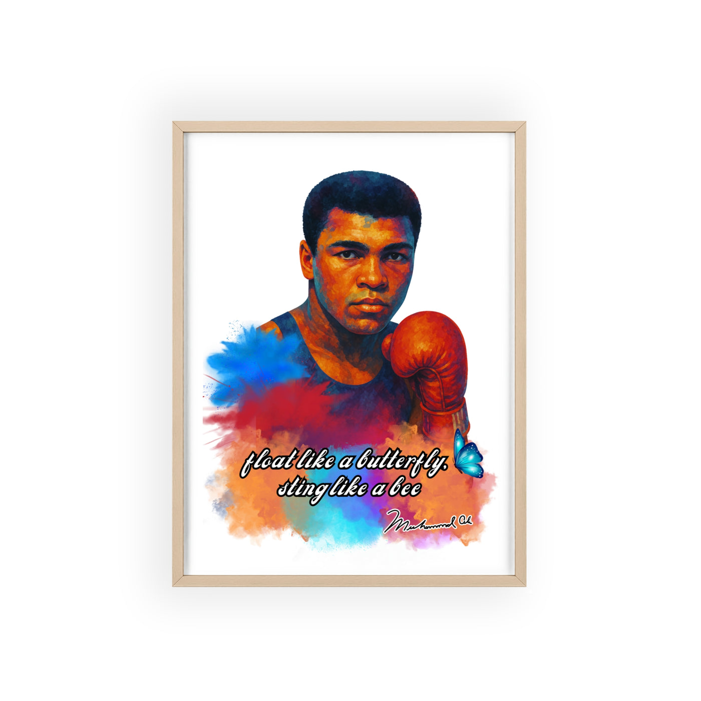 Inspirational Muhammad Ali Poster with Wooden Frame - Float Like a Butterfly, Sting Like a Bee