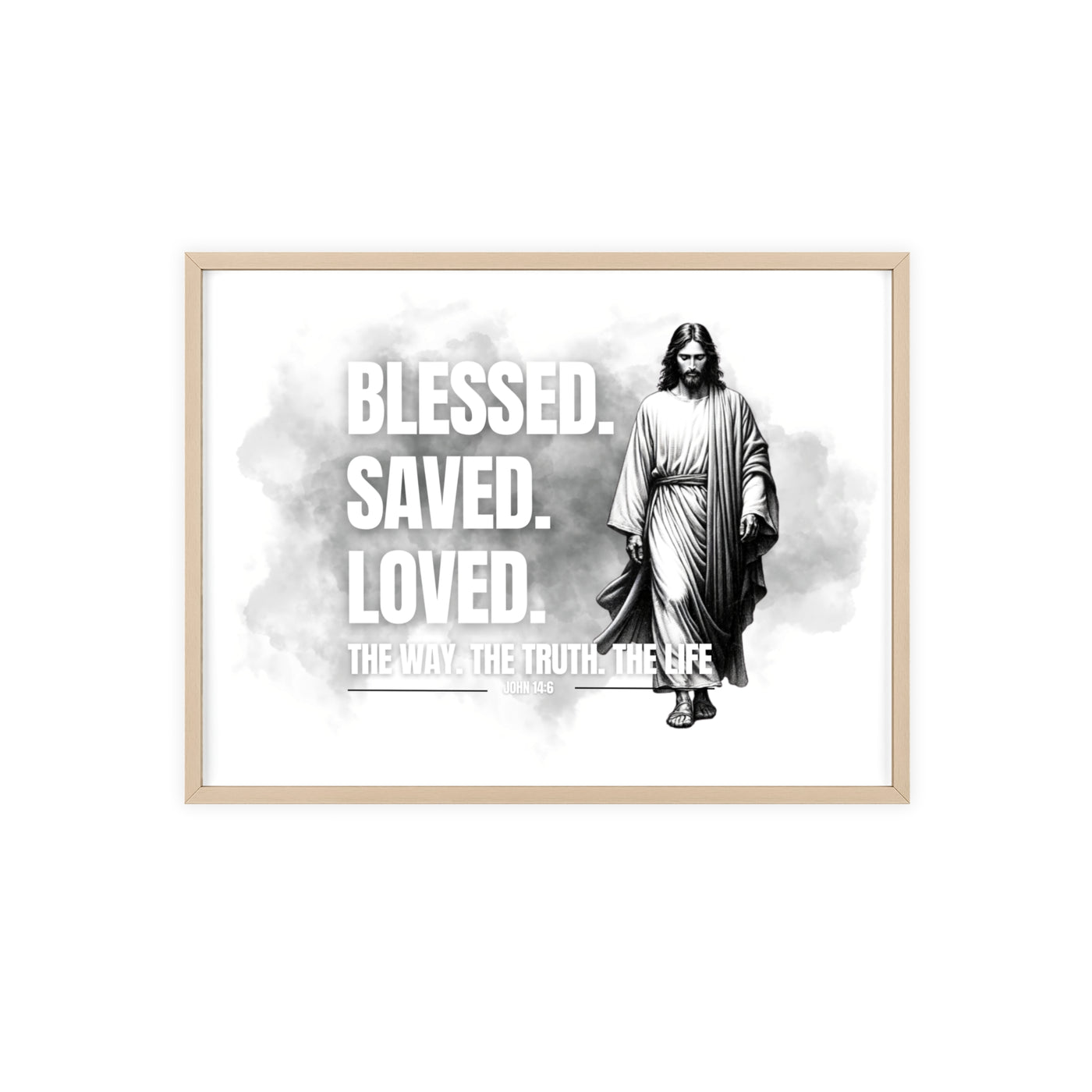 Inspirational Jesus Wall Art - Blessed, Saved, Loved - Framed Poster
