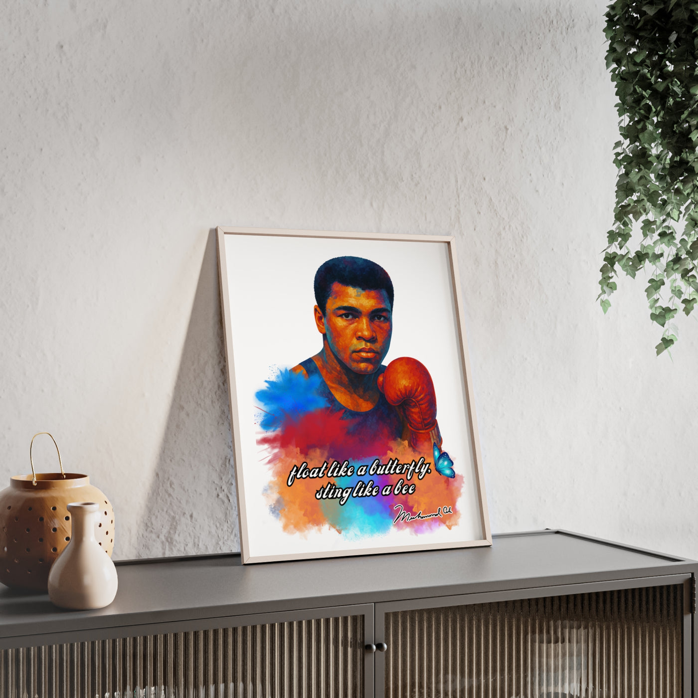 Inspirational Muhammad Ali Poster with Wooden Frame - Float Like a Butterfly, Sting Like a Bee