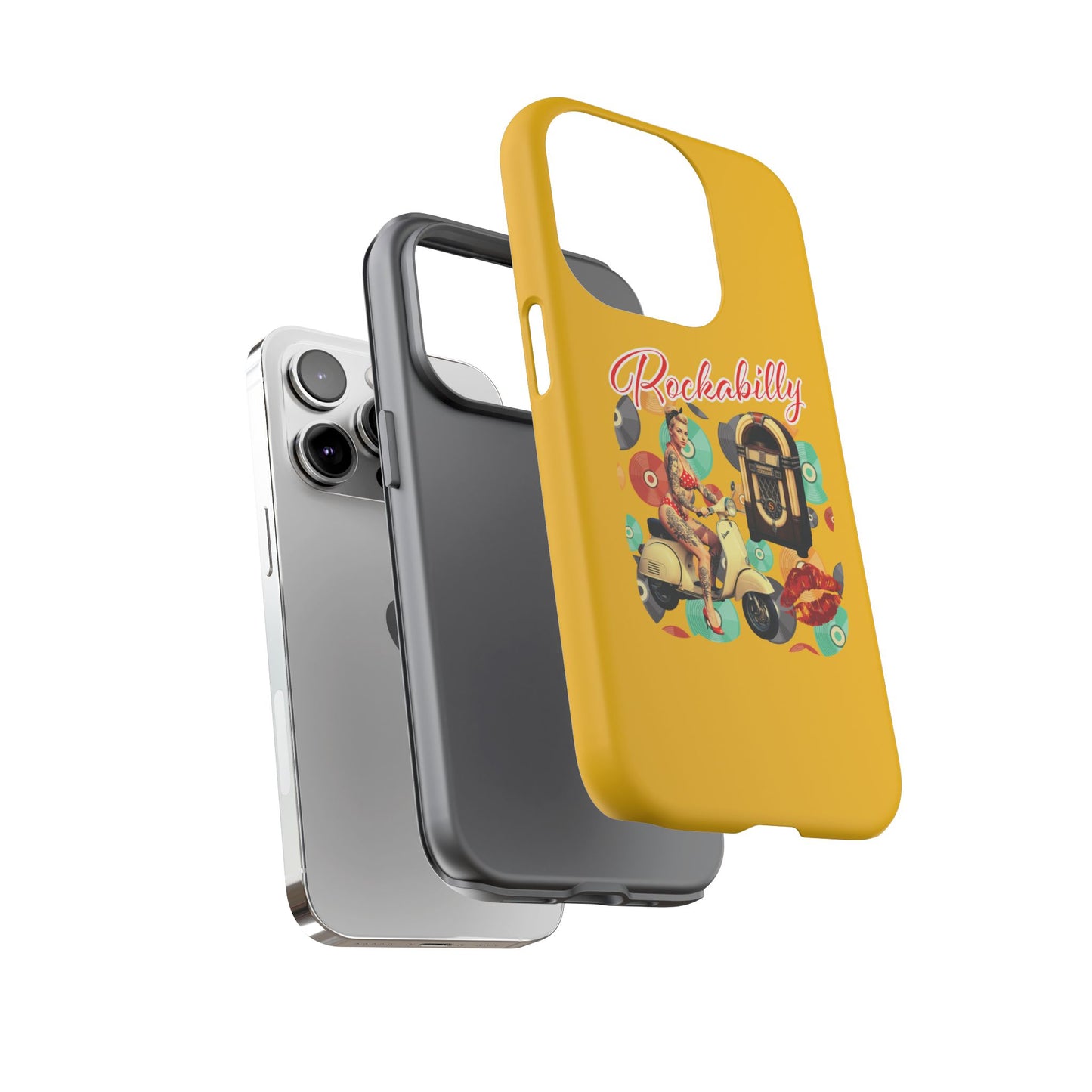 Rockabilly Phone Case, Vintage Scooter Design, Retro Style Cover, Fun Gift for Music Lovers, Yellow Tough Cases