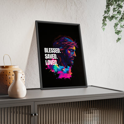 Inspirational Jesus Wall Art - 'Blessed, Saved, Loved' Poster with Wooden Frame 