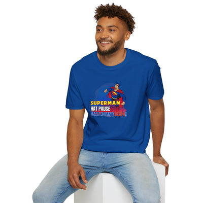 Superman Pause Unisex Softstyle T-Shirt - Fun Graphic Tee for Comic Fans