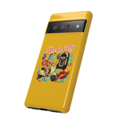 Rockabilly Phone Case, Vintage Scooter Design, Retro Style Cover, Fun Gift for Music Lovers, Yellow Tough Cases