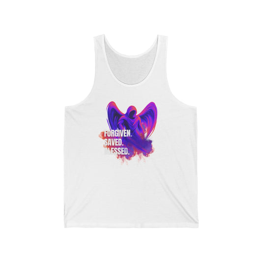 Spiritual Erzengel Unisex Jersey Tank - "Forgiven. Saved. Blessed." Inspirational Apparel