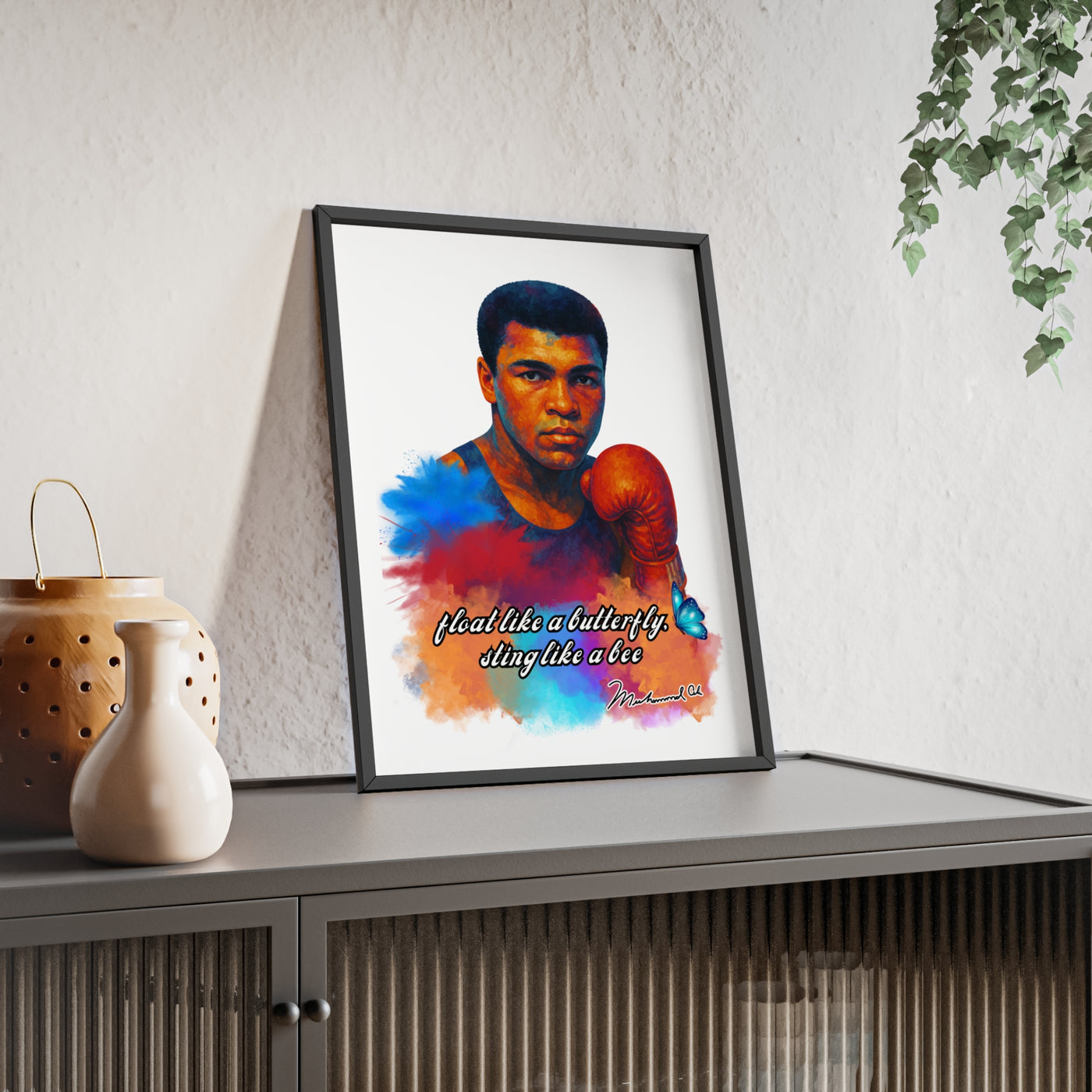 Inspirational Muhammad Ali Poster with Wooden Frame - Float Like a Butterfly, Sting Like a Bee