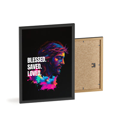 Inspirational Jesus Wall Art - 'Blessed, Saved, Loved' Poster with Wooden Frame 