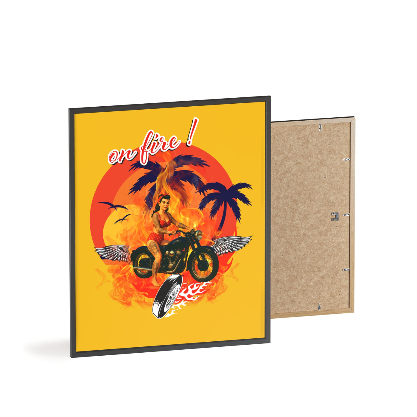 Vibrant Motorcycle Poster with Wooden Frame | Retro Wall Art for Bikers