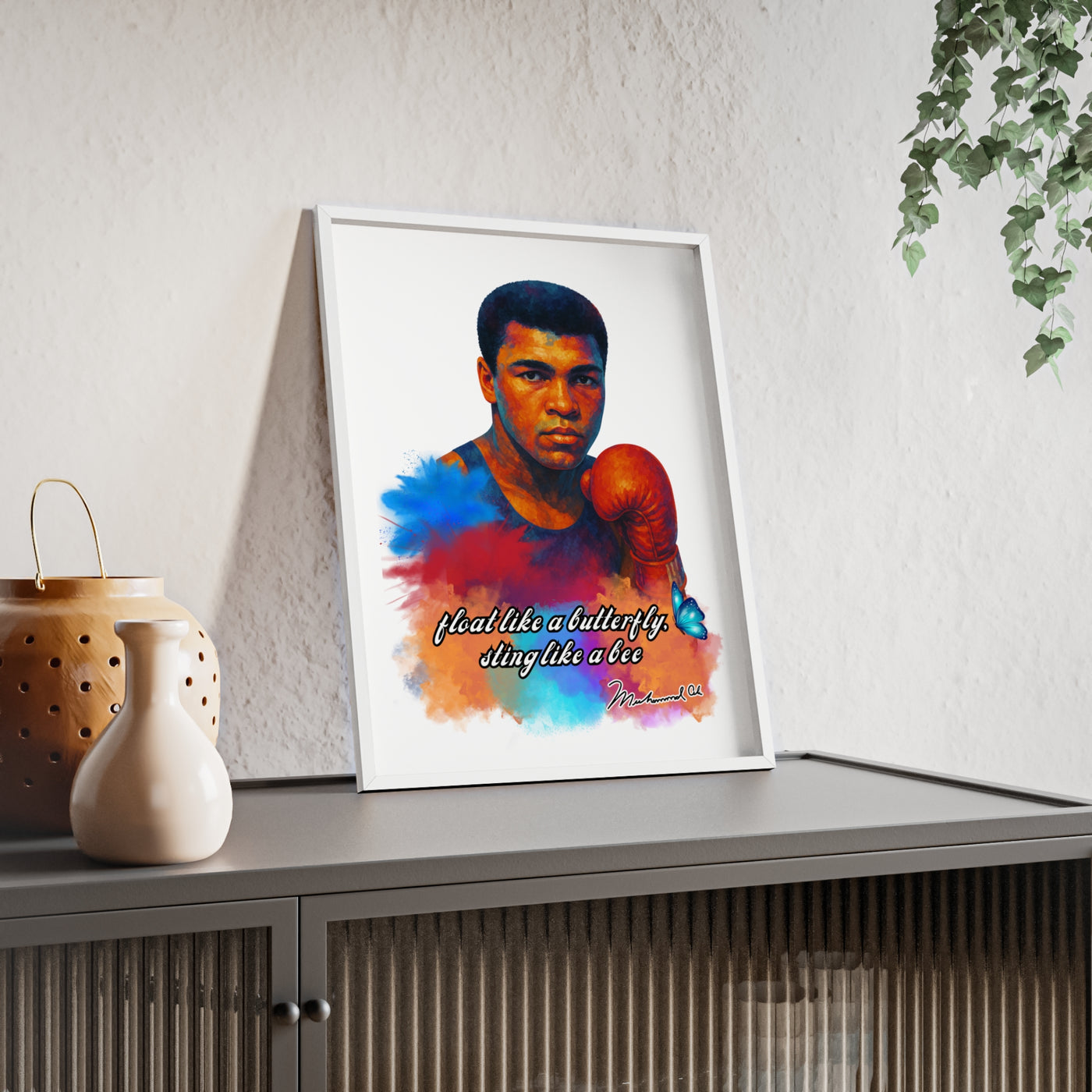Inspirational Muhammad Ali Poster with Wooden Frame - Float Like a Butterfly, Sting Like a Bee