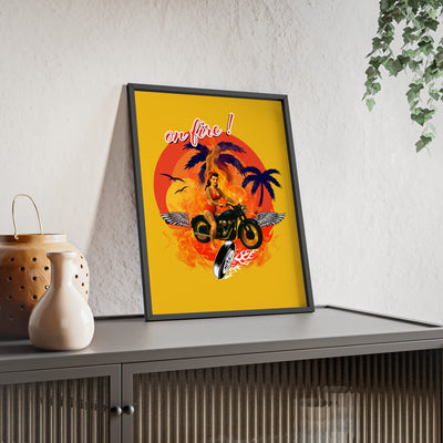 Vibrant Motorcycle Poster with Wooden Frame | Retro Wall Art for Bikers