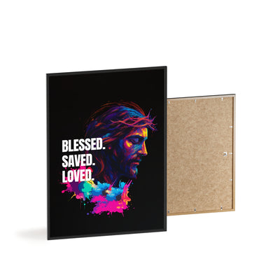Inspirational Jesus Wall Art - 'Blessed, Saved, Loved' Poster with Wooden Frame 