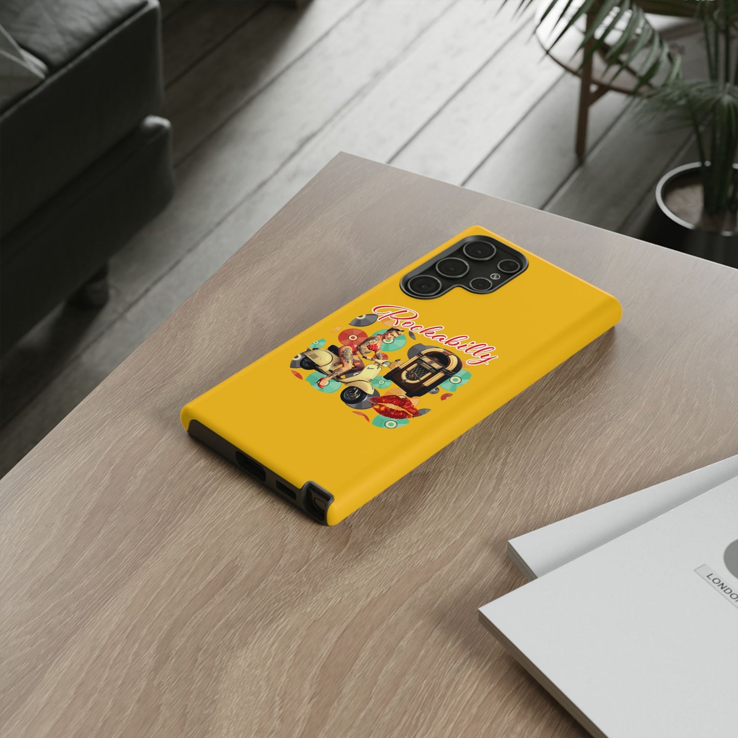 Rockabilly Phone Case, Vintage Scooter Design, Retro Style Cover, Fun Gift for Music Lovers, Yellow Tough Cases
