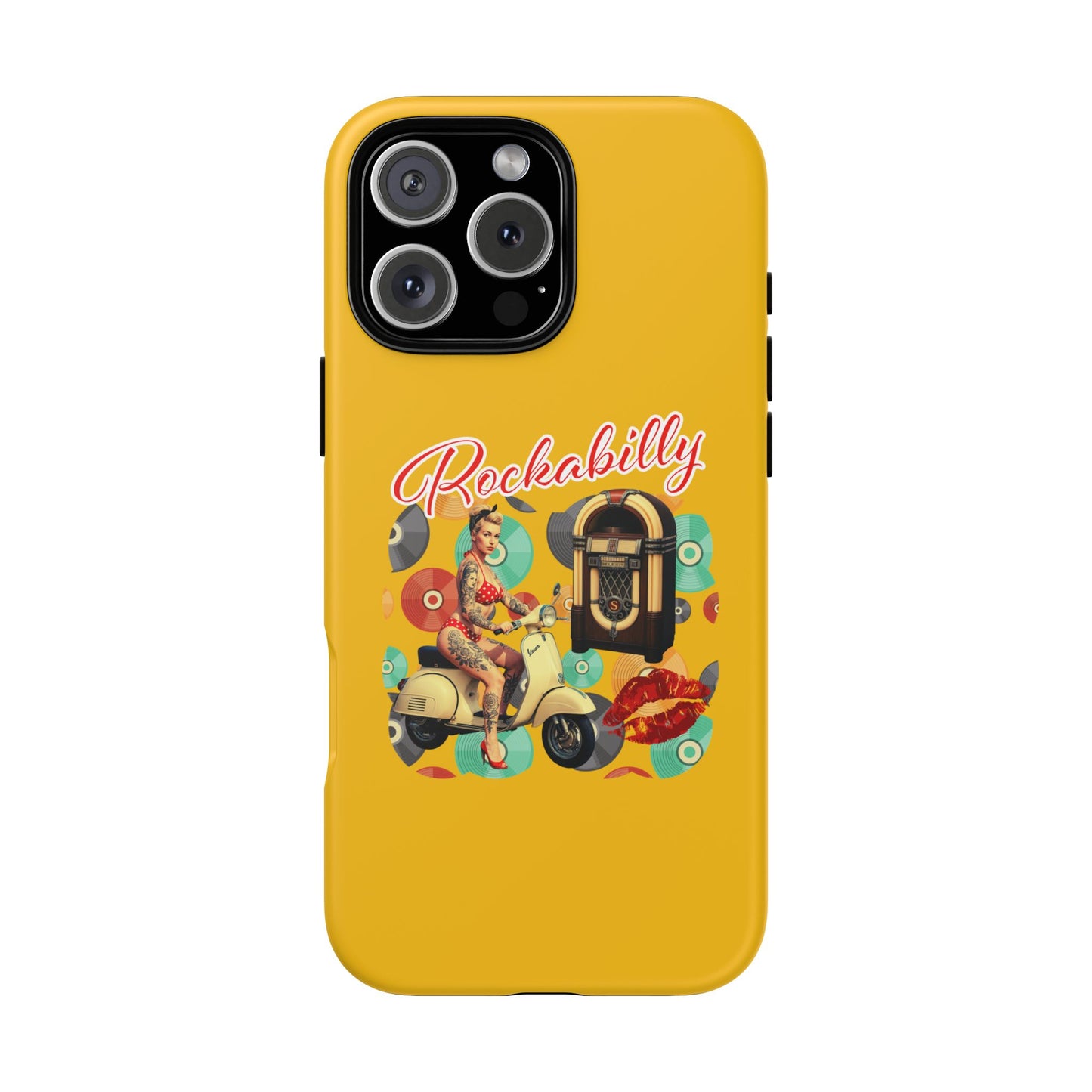 Rockabilly Phone Case, Vintage Scooter Design, Retro Style Cover, Fun Gift for Music Lovers, Yellow Tough Cases