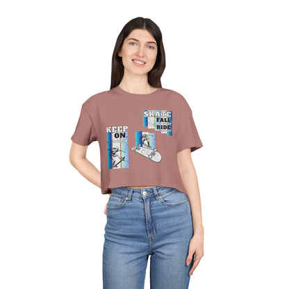 Skateboarding Women's Crop Tee - Keep On Skatin' &amp; Fall Ride Graphic T-Shirt