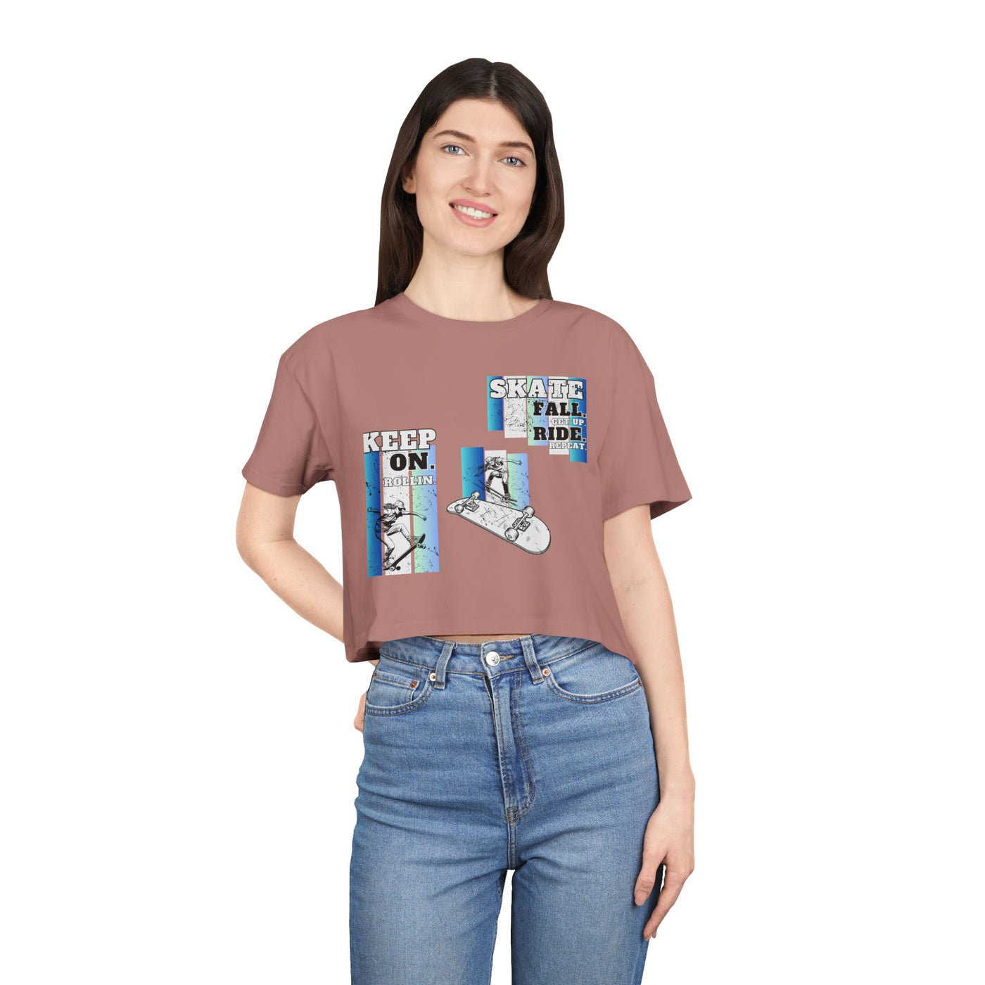 Skateboarding Women's Crop Tee - Keep On Skatin' & Fall Ride Graphic T-Shirt