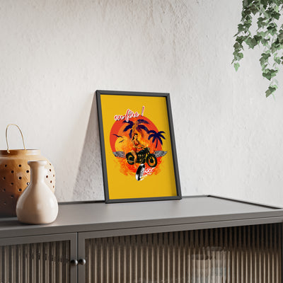 Vibrant Motorcycle Poster with Wooden Frame | Retro Wall Art for Bikers