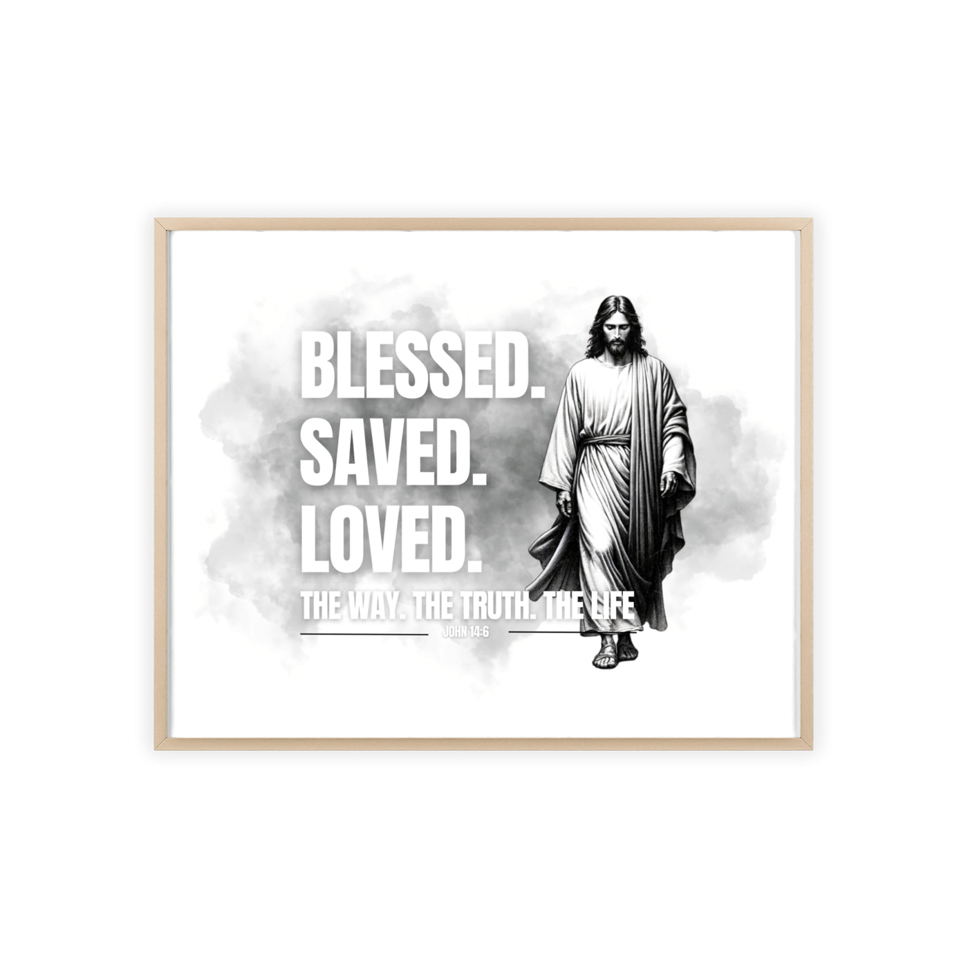 Inspirational Jesus Wall Art - Blessed, Saved, Loved - Framed Poster