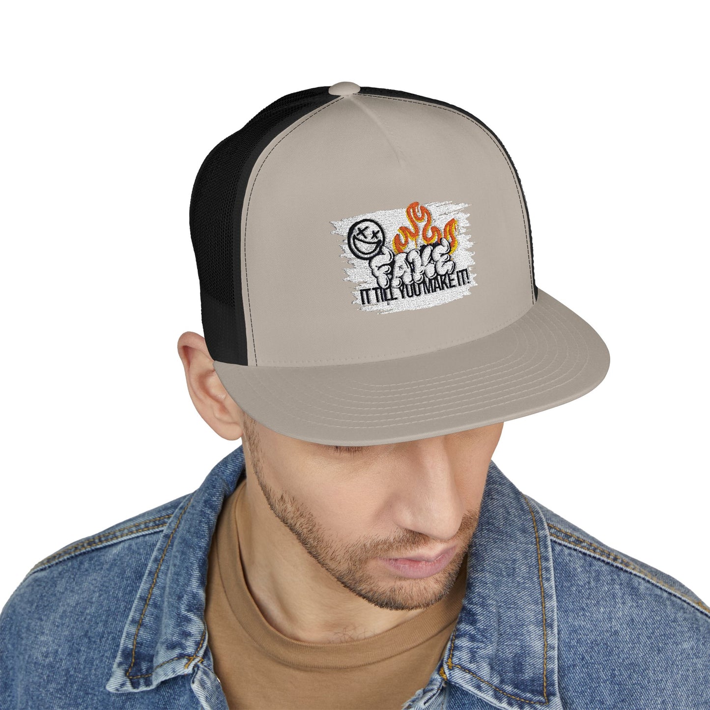 Embroidered 5 Panel Trucker Cap - Fake it til you make it