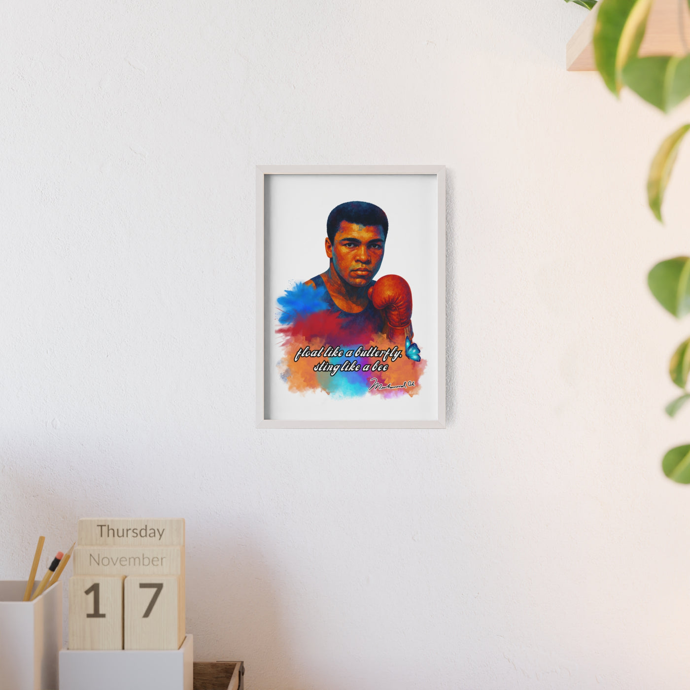Inspirational Muhammad Ali Poster with Wooden Frame - Float Like a Butterfly, Sting Like a Bee