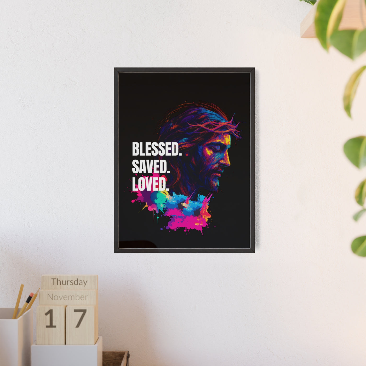 Inspirational Jesus Wall Art - 'Blessed, Saved, Loved' Poster with Wooden Frame 