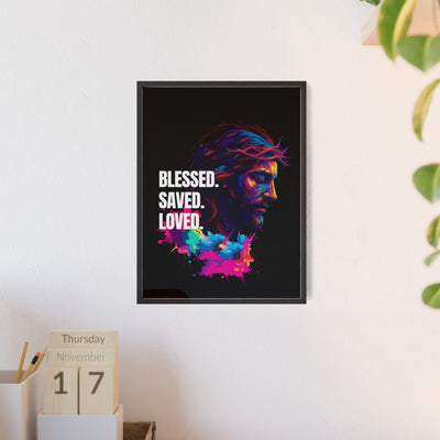 Inspirational Jesus Wall Art - 'Blessed, Saved, Loved' Poster with Wooden Frame 