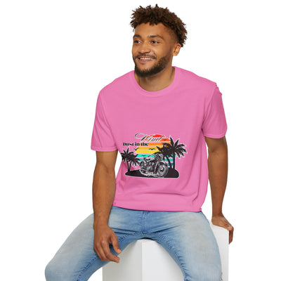 Dust in the Wind Unisex Jersey Tee – Retro Motorcycle & Palm Trees Design
