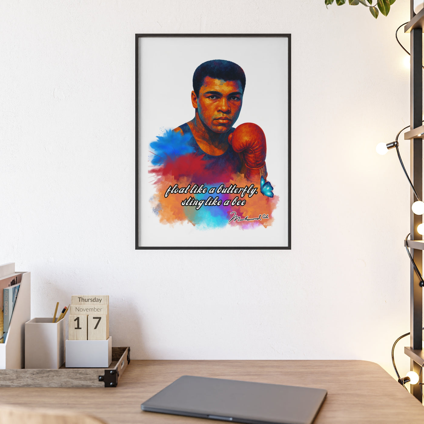 Inspirational Muhammad Ali Poster with Wooden Frame - Float Like a Butterfly, Sting Like a Bee