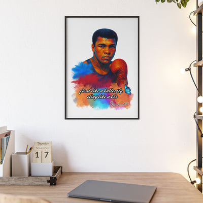 Inspirational Muhammad Ali Poster with Wooden Frame - Float Like a Butterfly, Sting Like a Bee