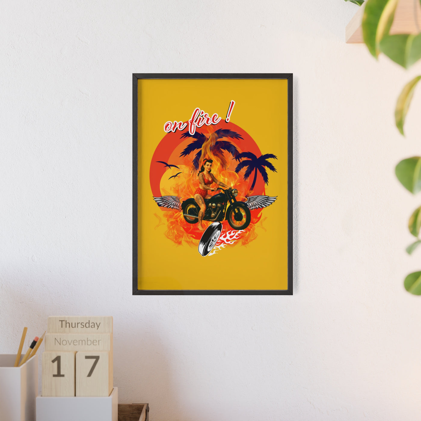 Vibrant Motorcycle Poster with Wooden Frame | Retro Wall Art for Bikers