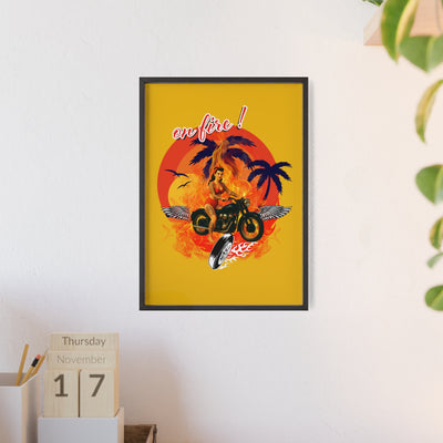 Vibrant Motorcycle Poster with Wooden Frame | Retro Wall Art for Bikers