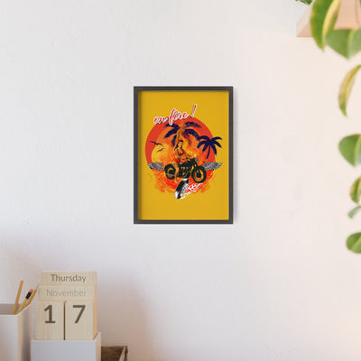 Vibrant Motorcycle Poster with Wooden Frame | Retro Wall Art for Bikers