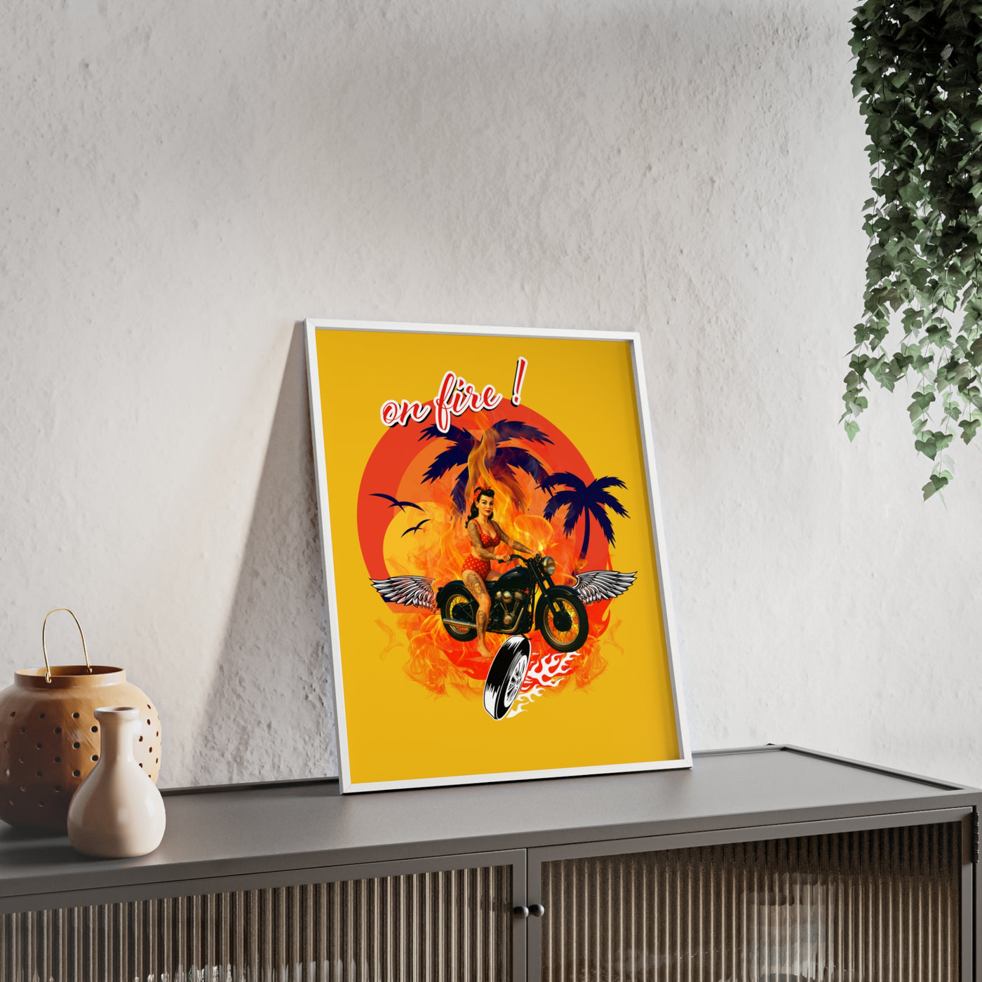 Vibrant Motorcycle Poster with Wooden Frame | Retro Wall Art for Bikers