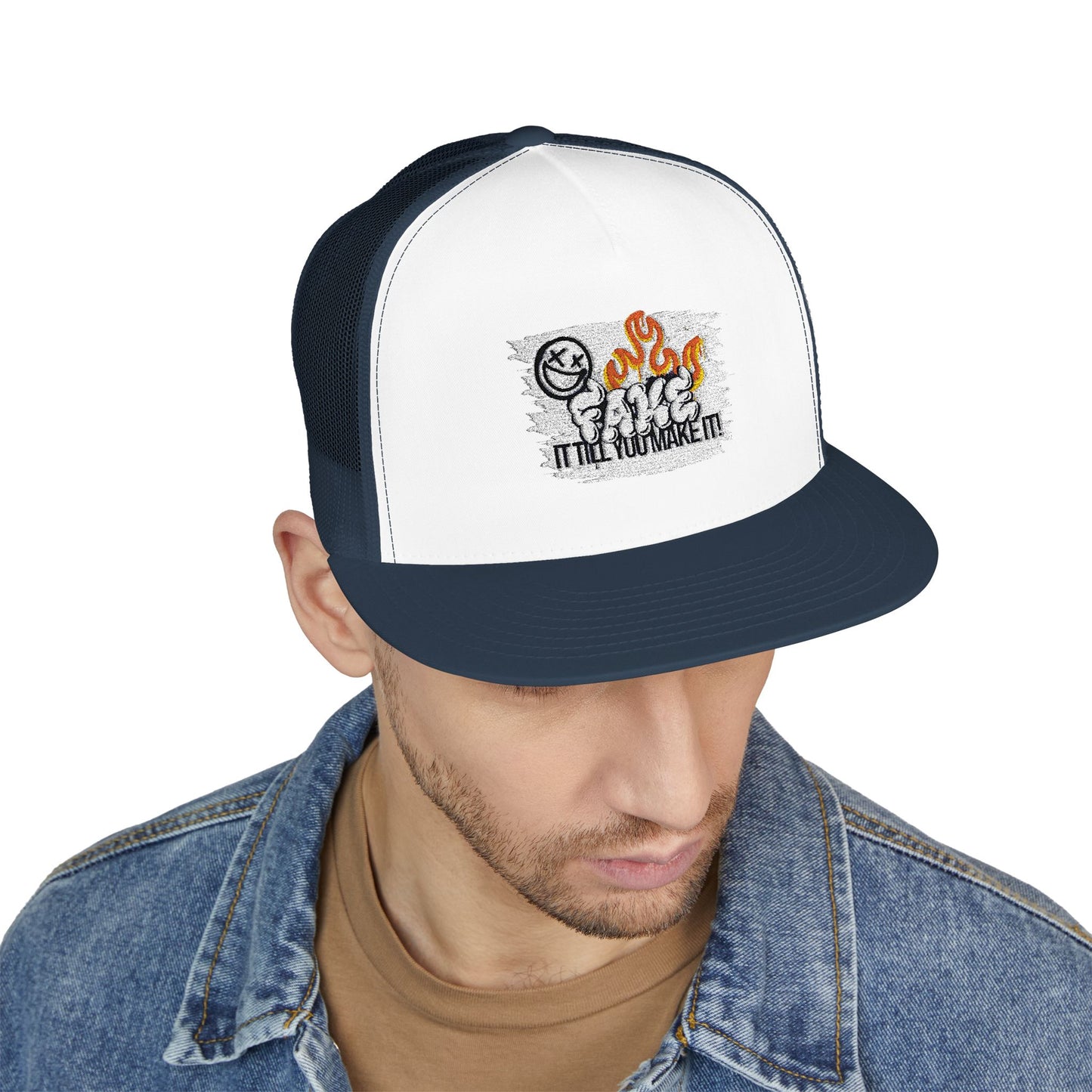 Embroidered 5 Panel Trucker Cap - Fake it til you make it