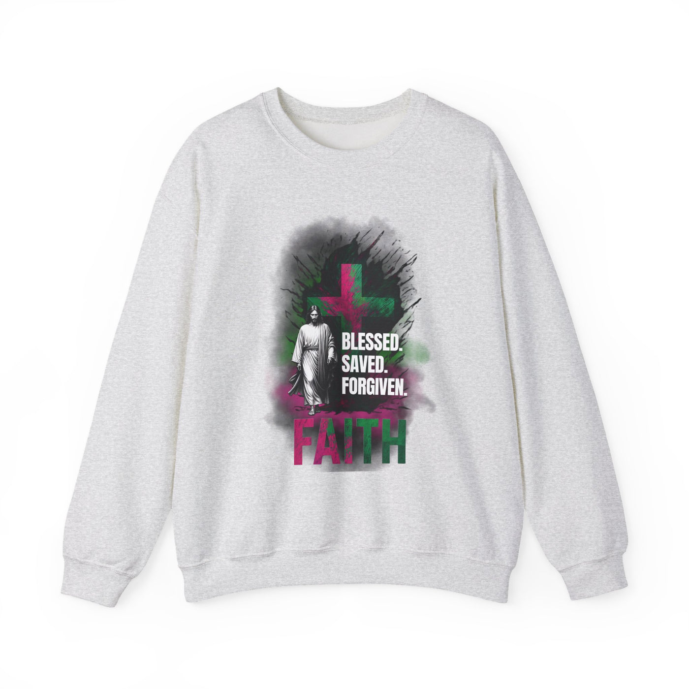 Jesus mit Faith und Spruch Blessed -Saved -Forgiven Sweatshirt
