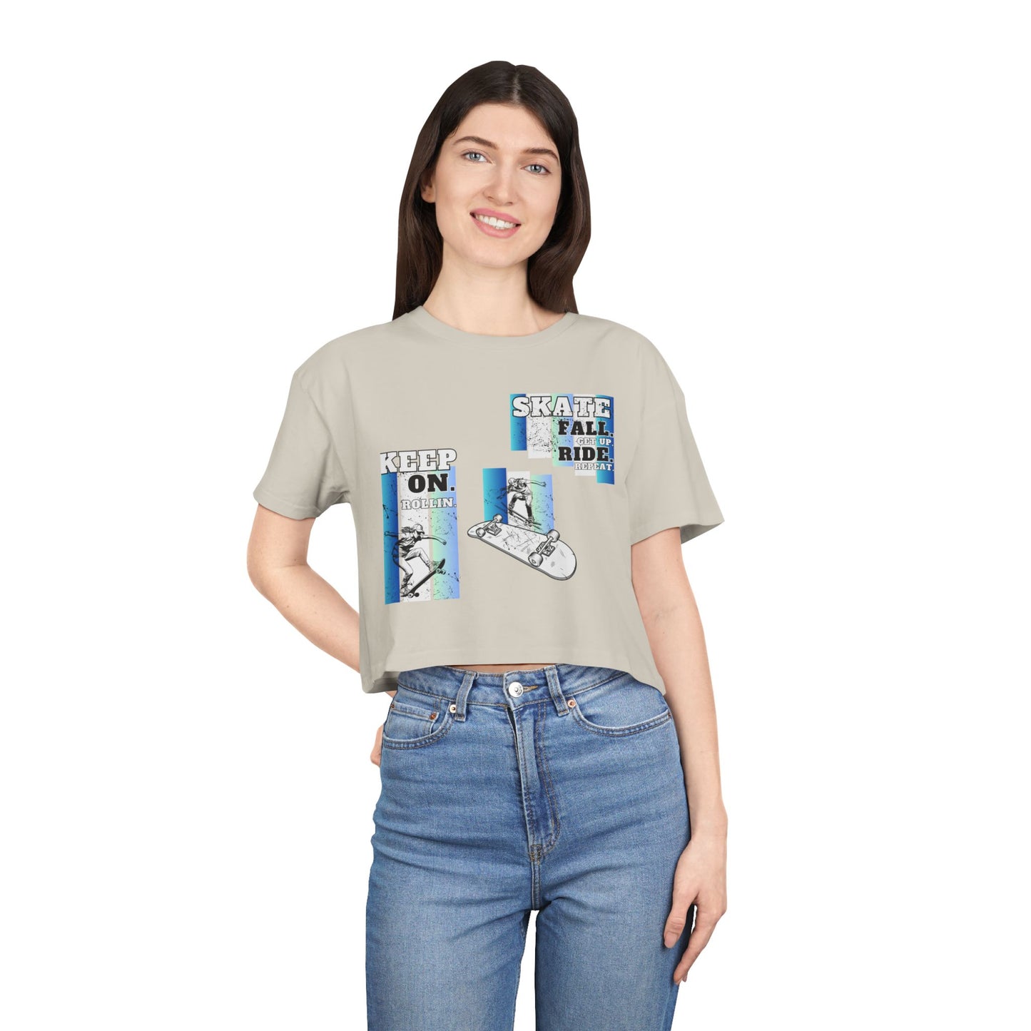 Skateboarding Women's Crop Tee - Keep On Skatin' &amp; Fall Ride Graphic T-Shirt