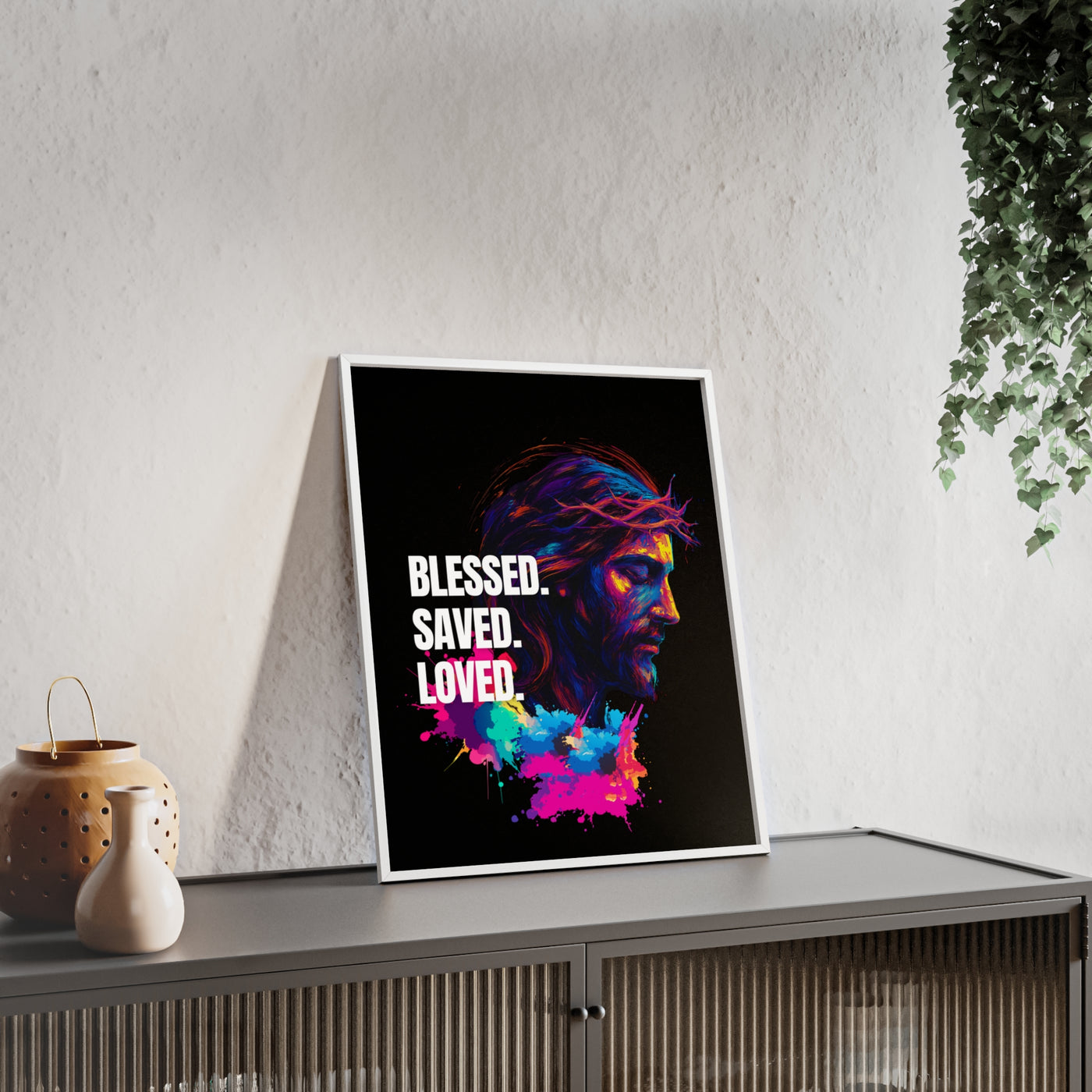 Inspirational Jesus Wall Art - 'Blessed, Saved, Loved' Poster with Wooden Frame 
