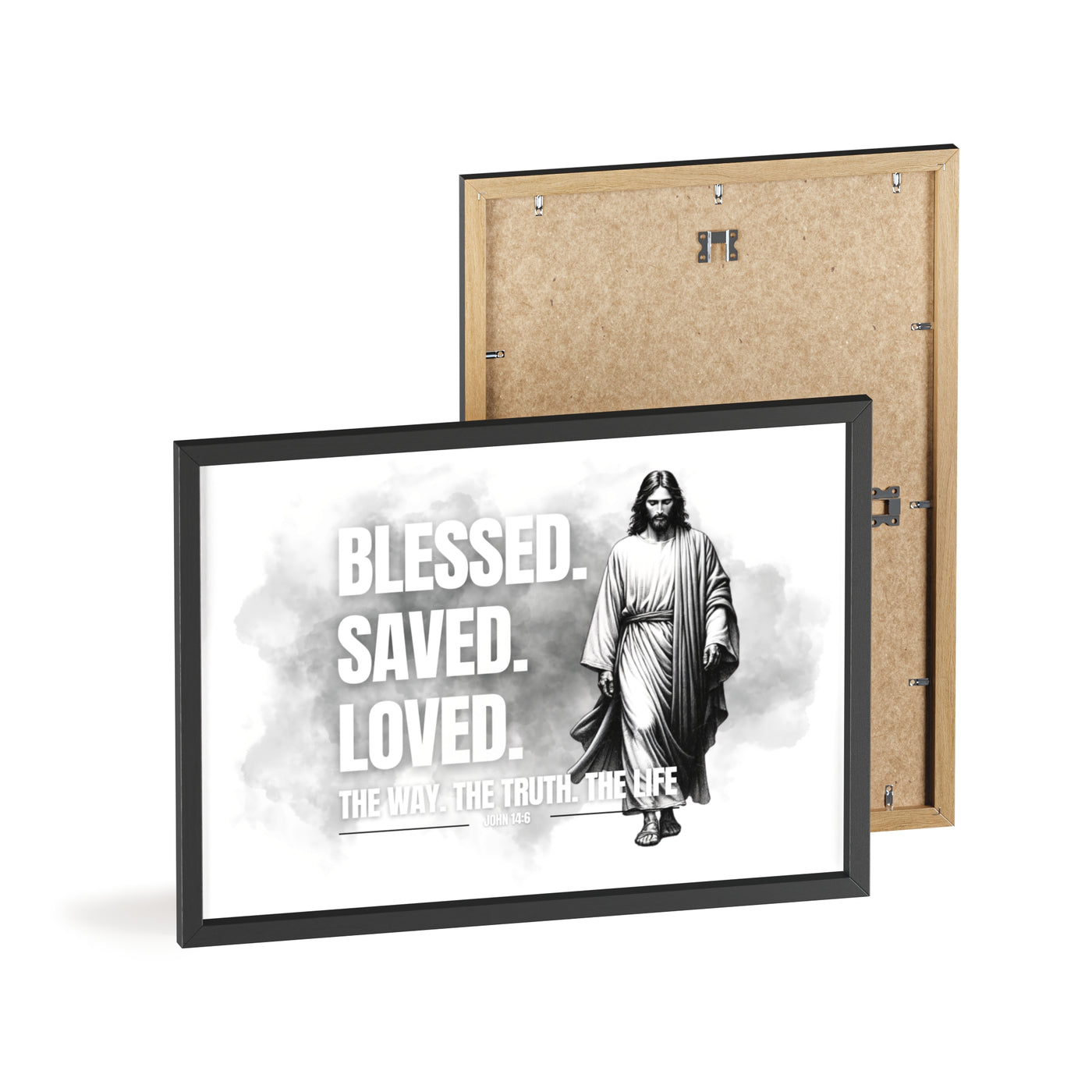 Inspirational Jesus Wall Art - Blessed, Saved, Loved - Framed Poster