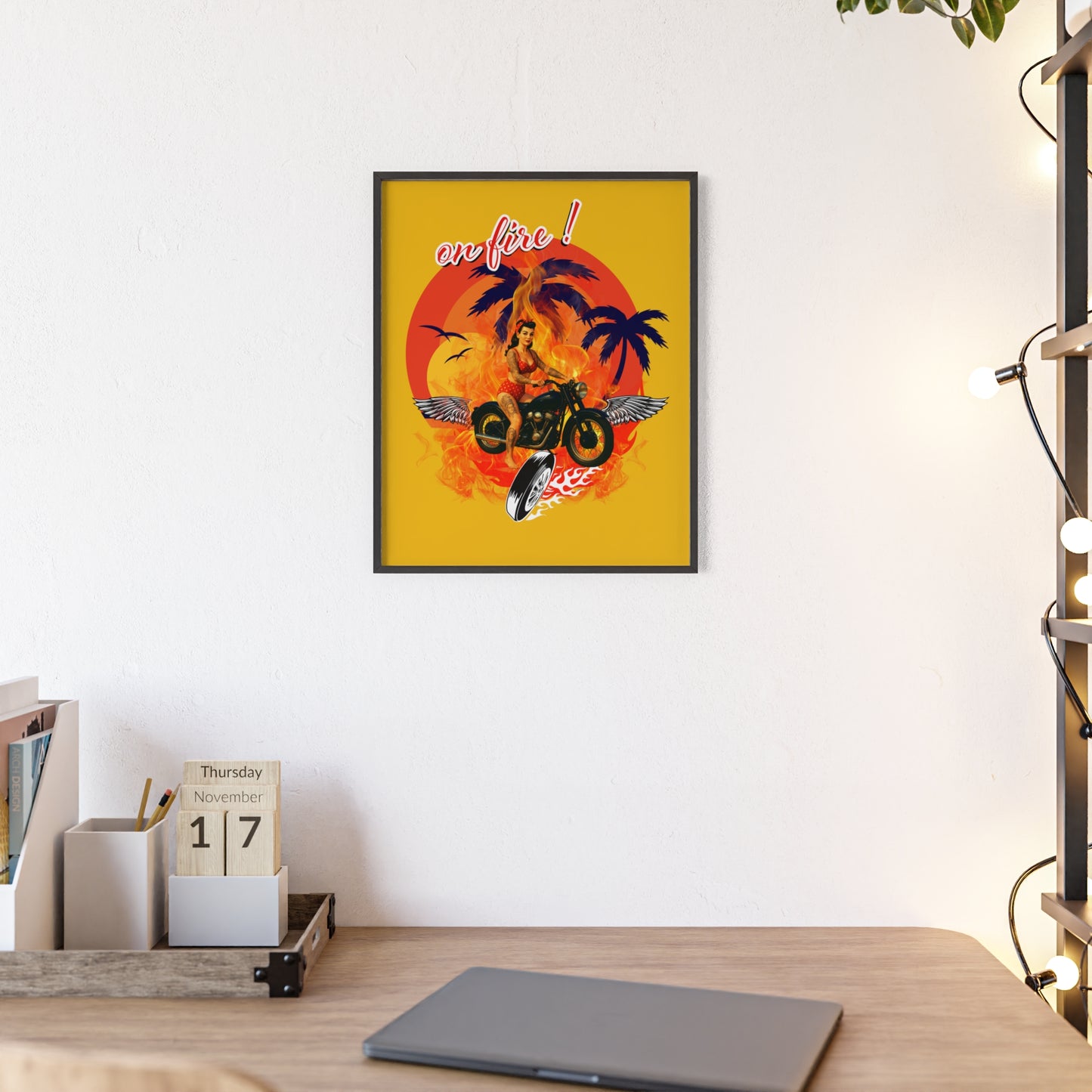 Vibrant Motorcycle Poster with Wooden Frame | Retro Wall Art for Bikers