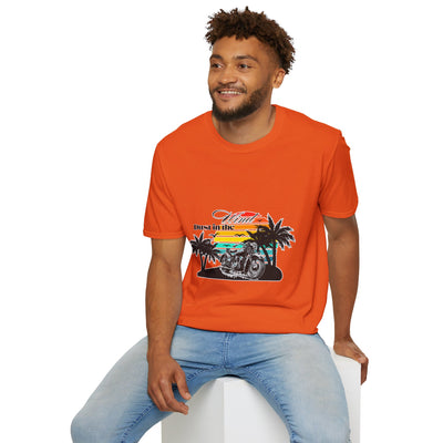 Dust in the Wind Unisex Jersey Tee – Retro Motorcycle & Palm Trees Design