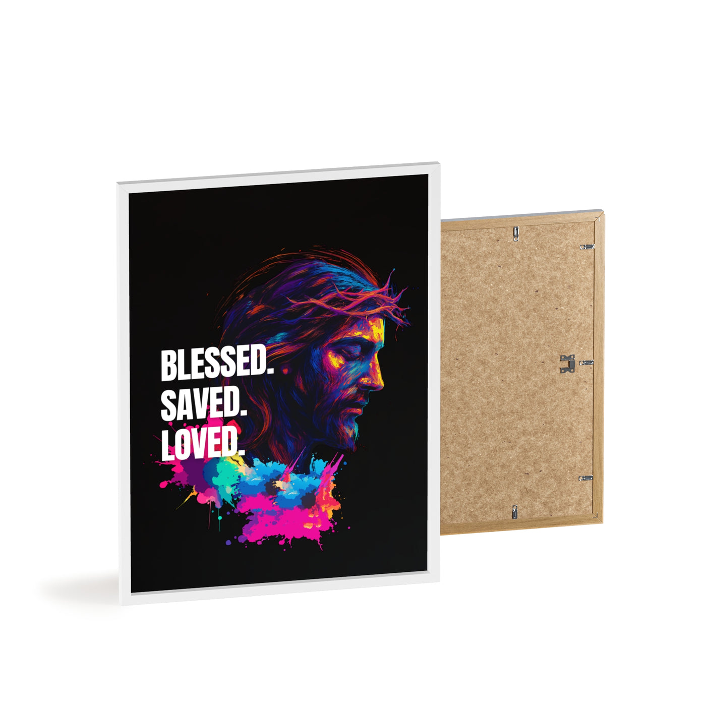 Inspirational Jesus Wall Art - 'Blessed, Saved, Loved' Poster with Wooden Frame 