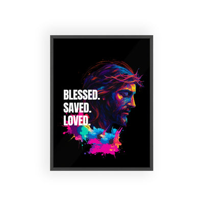 Inspirational Jesus Wall Art - 'Blessed, Saved, Loved' Poster with Wooden Frame 