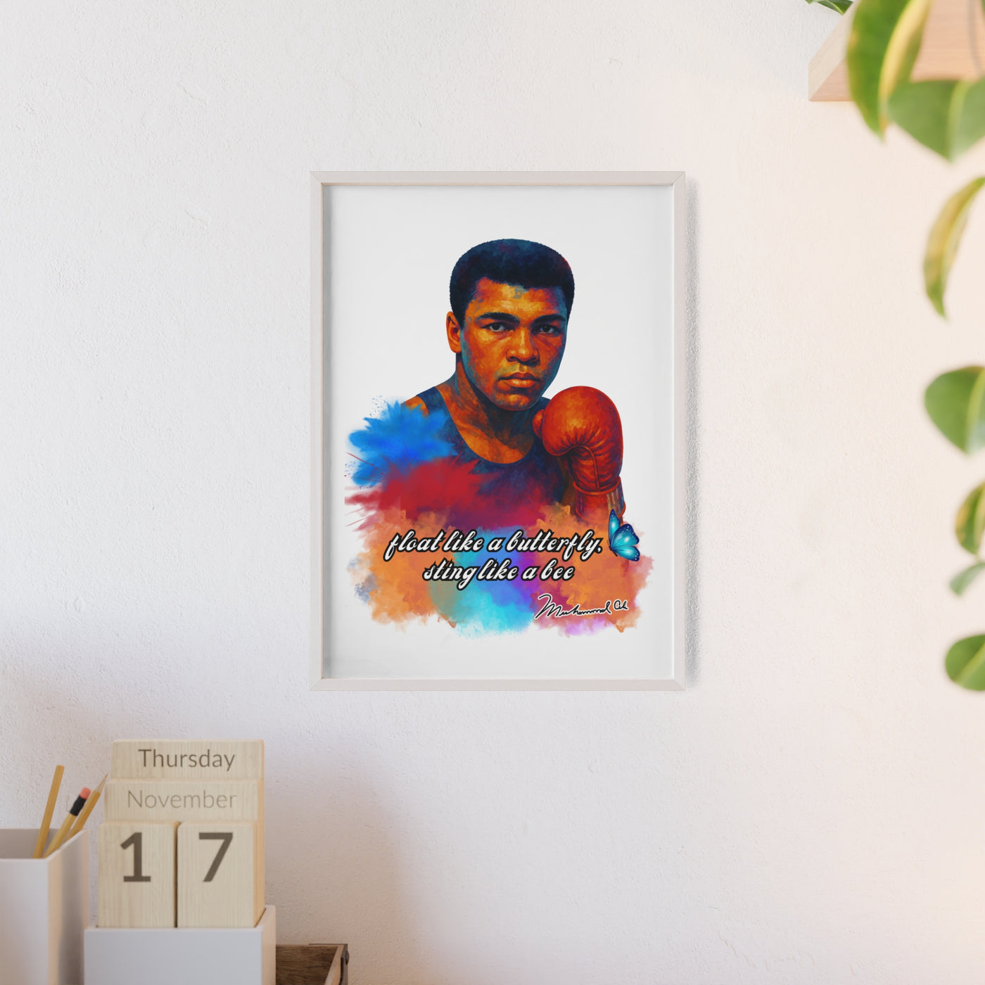 Inspirational Muhammad Ali Poster with Wooden Frame - Float Like a Butterfly, Sting Like a Bee
