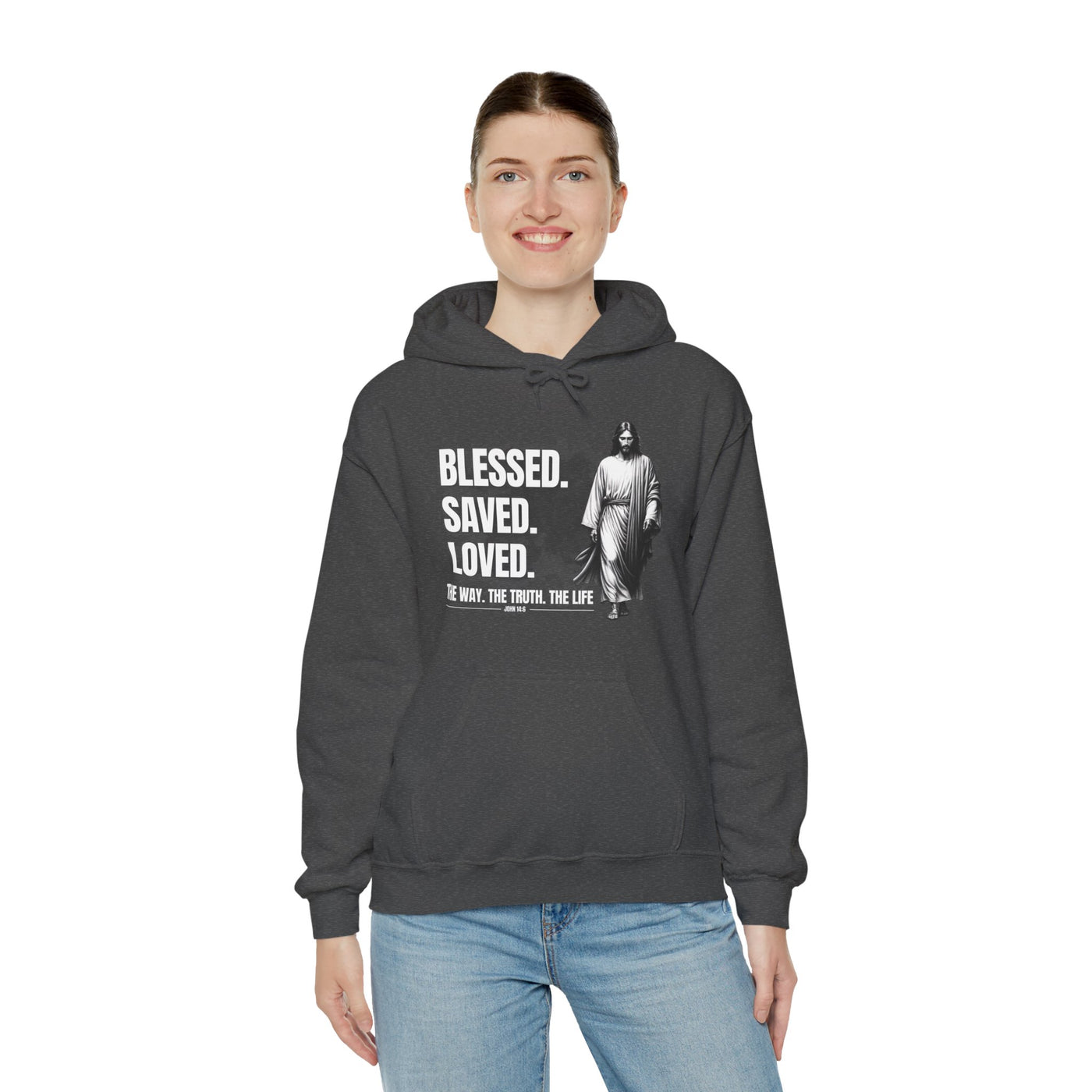 Blessed, Saved, Loved Hoodie - Unisex Heavy Blend Sweatshirt for Comfort and Faith Jesus