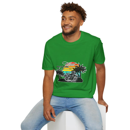 Dust in the Wind Unisex Jersey Tee – Retro Motorcycle & Palm Trees Design