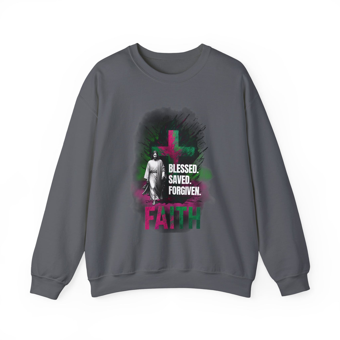 Jesus mit Faith und Spruch Blessed -Saved -Forgiven Sweatshirt