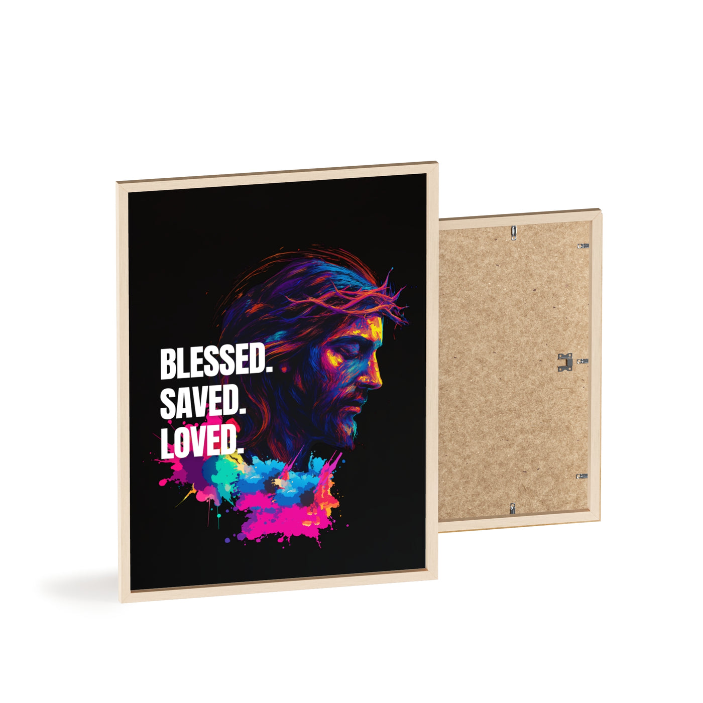 Inspirational Jesus Wall Art - 'Blessed, Saved, Loved' Poster with Wooden Frame 