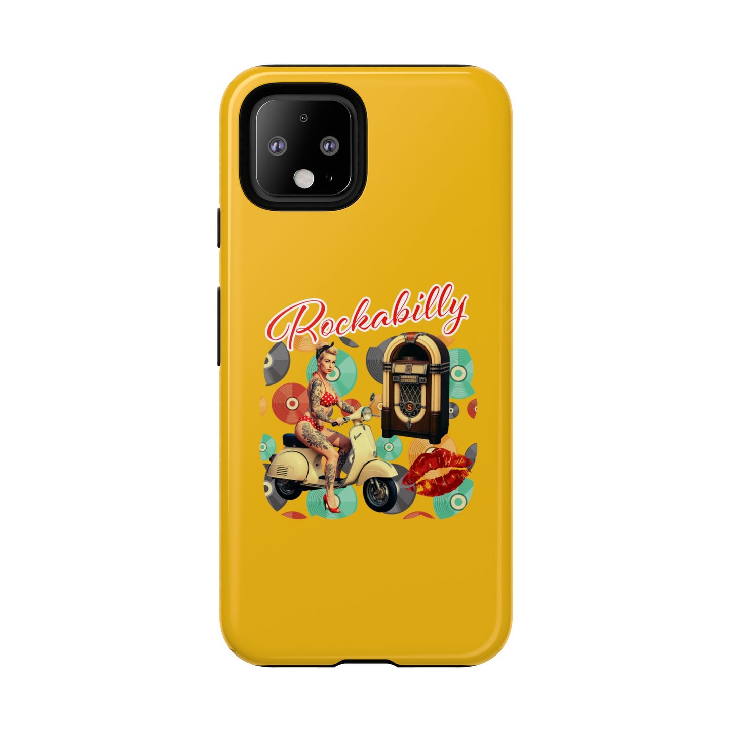 Rockabilly Phone Case, Vintage Scooter Design, Retro Style Cover, Fun Gift for Music Lovers, Yellow Tough Cases
