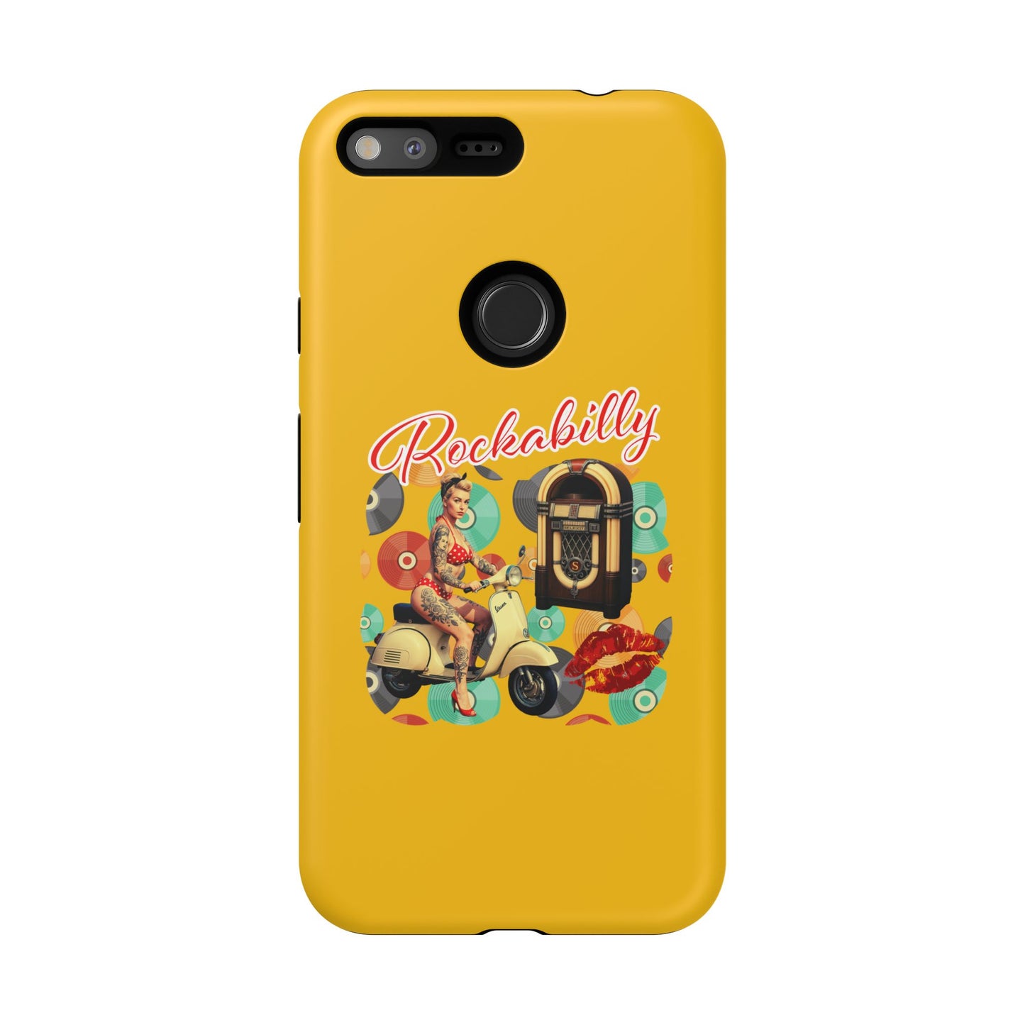 Rockabilly Phone Case, Vintage Scooter Design, Retro Style Cover, Fun Gift for Music Lovers, Yellow Tough Cases