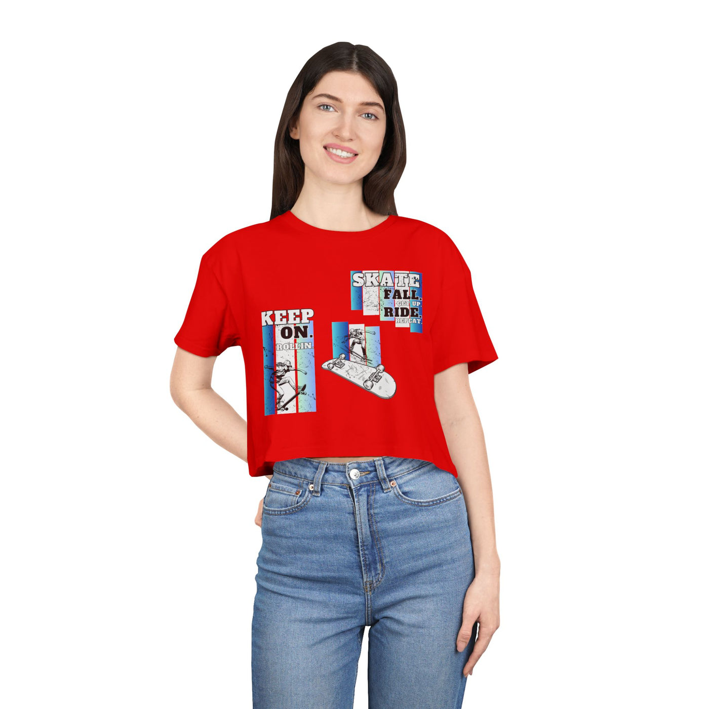 Skateboarding Women's Crop Tee - Keep On Skatin' & Fall Ride Graphic T-Shirt