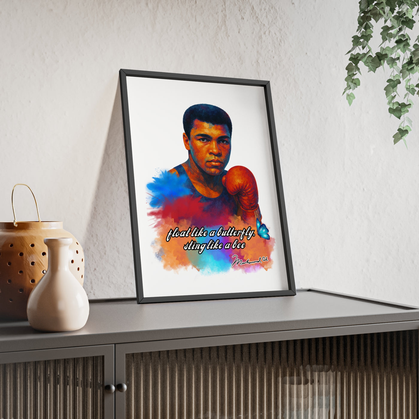 Inspirational Muhammad Ali Poster with Wooden Frame - Float Like a Butterfly, Sting Like a Bee