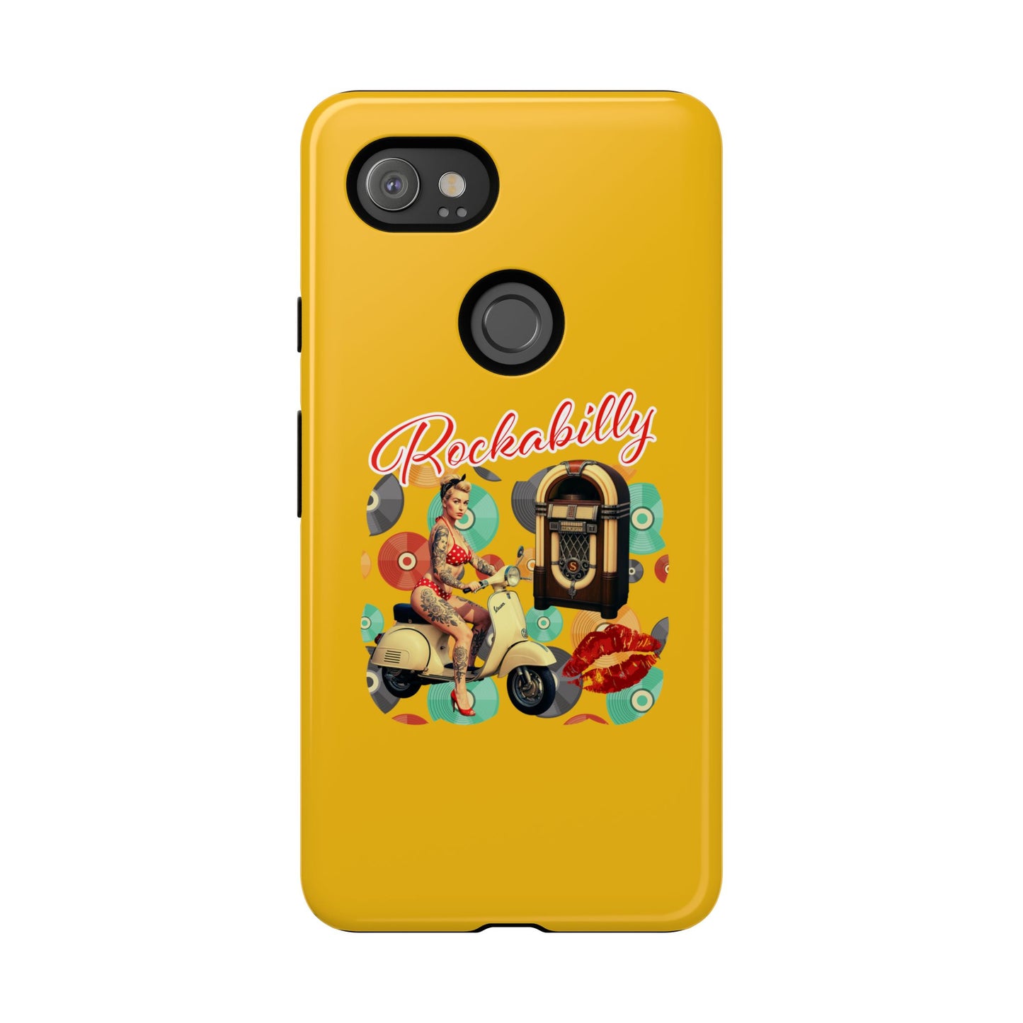 Rockabilly Phone Case, Vintage Scooter Design, Retro Style Cover, Fun Gift for Music Lovers, Yellow Tough Cases